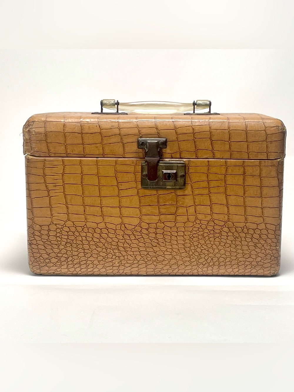 Vintage Brown Faux Alligator Hard Train Case Cosmetic Makeup Luggage With Mirror